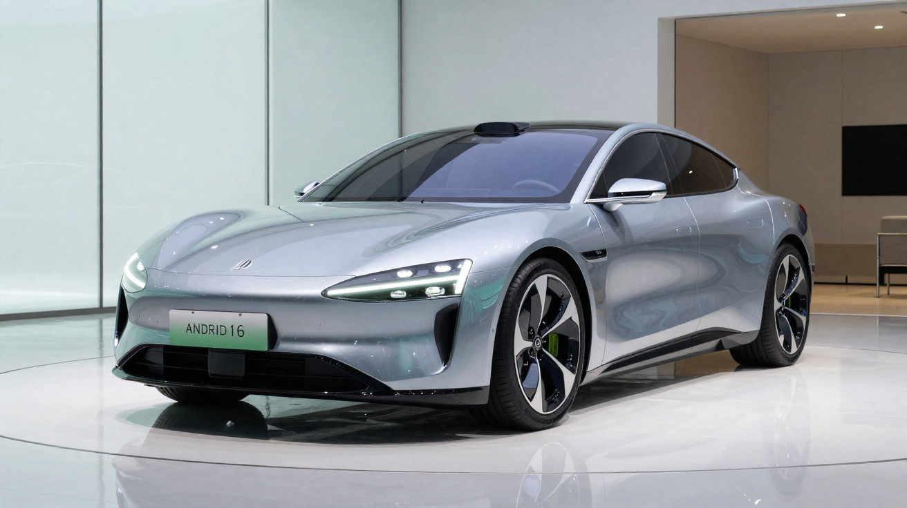 Carro elétrico cinza prateado com design futurista em exposição num cenário minimalista interior.