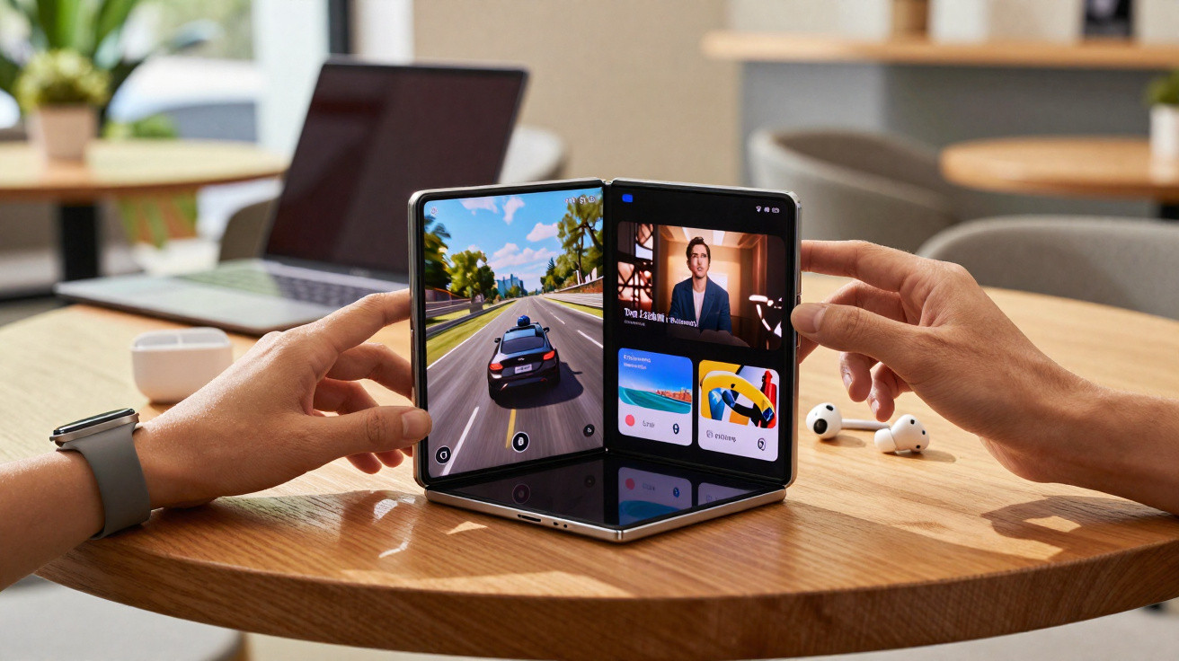 Pessoas a usar smartphone dobrável com ecrã dividido entre jogo, videochamada e outras aplicações numa mesa de madeira.