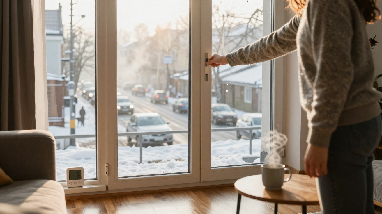 Pessoa a abrir porta de vidro com vista para rua nevada durante o inverno, com chá quente numa mesa próxima.