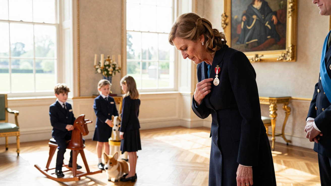 Mulher com medalha curvada cumprimenta crianças vestidas formalmente numa sala luminosa e elegante.