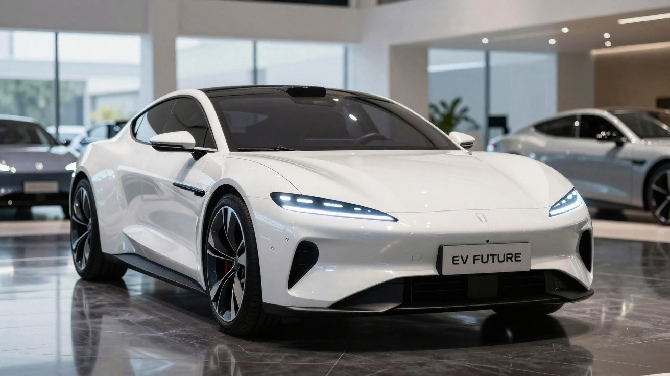 Carro elétrico desportivo branco EV Future em exposição numa sala moderna com piso reflectivo.