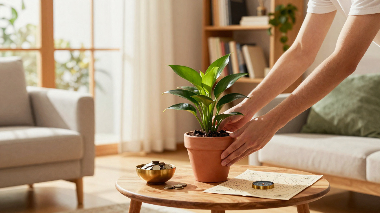 Pessoa a colocar vaso com planta verde numa mesa de madeira numa sala iluminada e acolhedora.