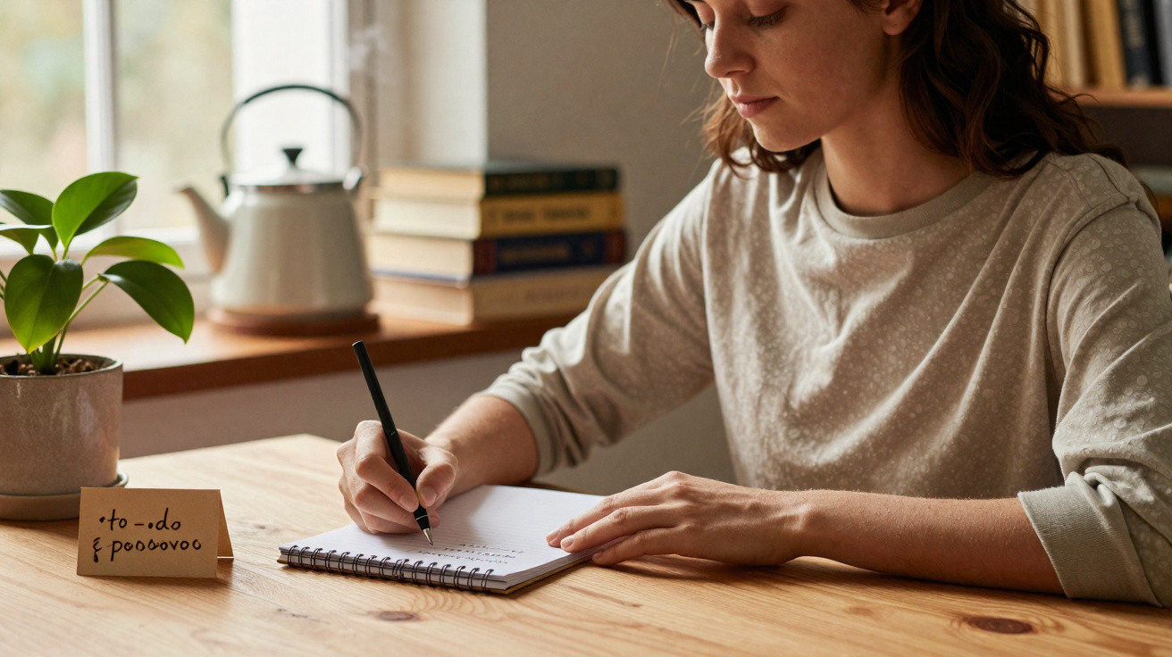Mulher sentada à mesa, a escrever num caderno com caneta preta, com planta e livros ao fundo numa janela.