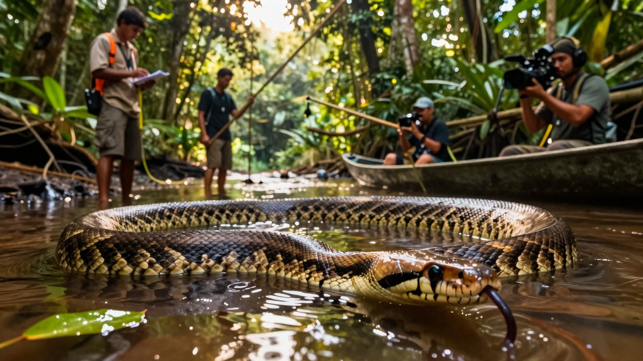 Cobra grande na água com equipe a documentar e filmar atividade na floresta tropical.
