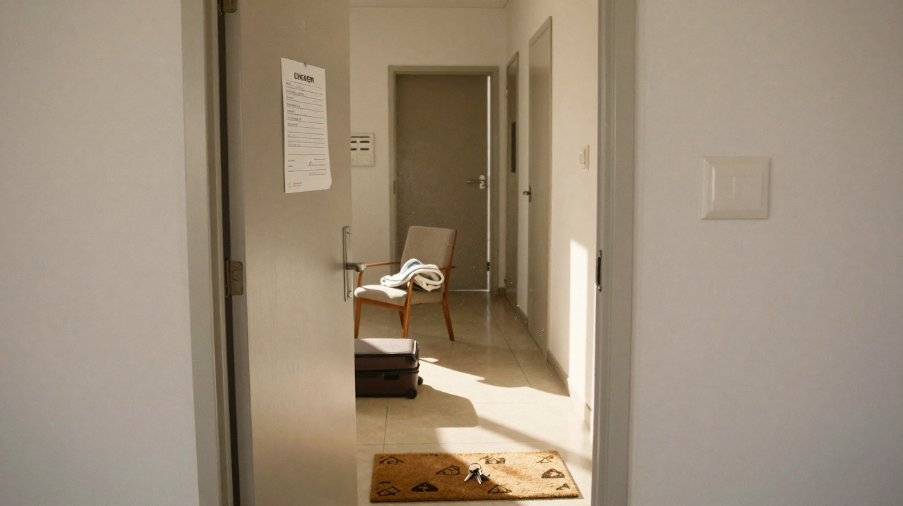 Corredor de casa com tapete de boas-vindas, mala preta, cadeira de madeira e toalha branca numa cadeira.
