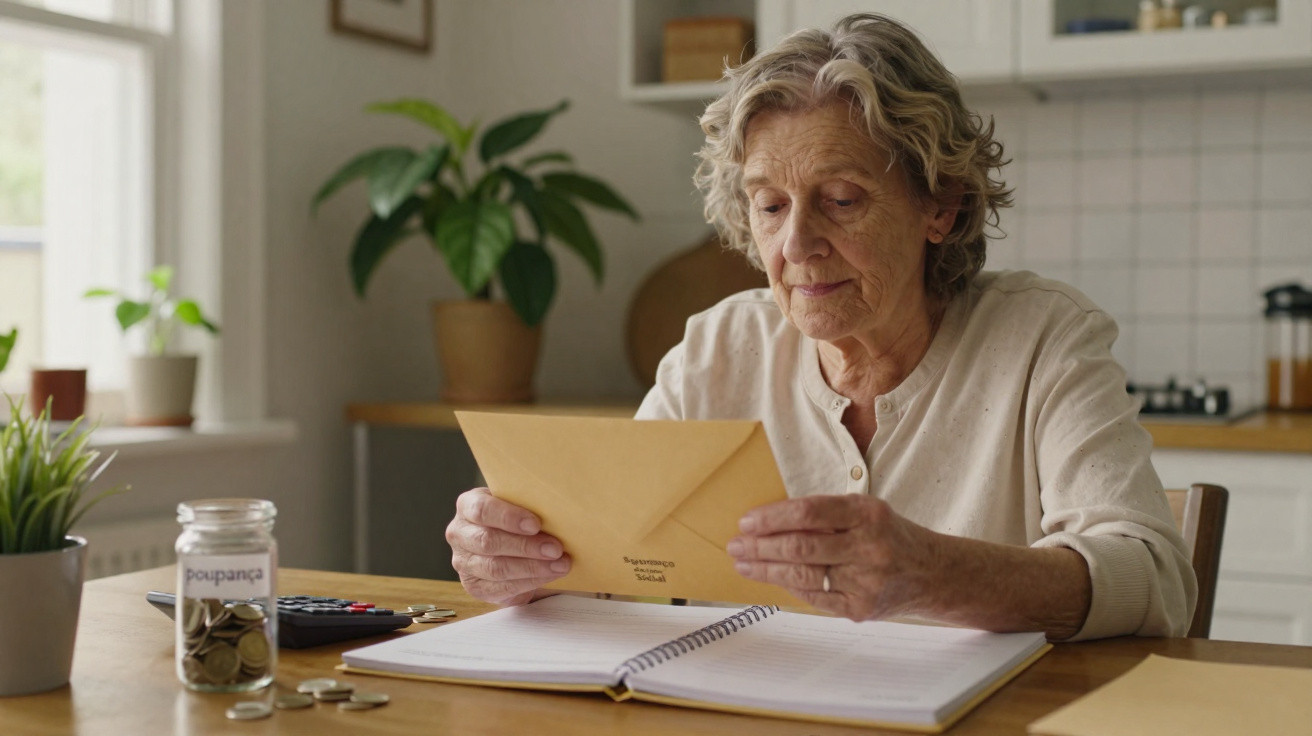 Mulher idosa sentada à mesa a ler carta, com jarro de moedas etiquetado "poupança" e caderno aberto.