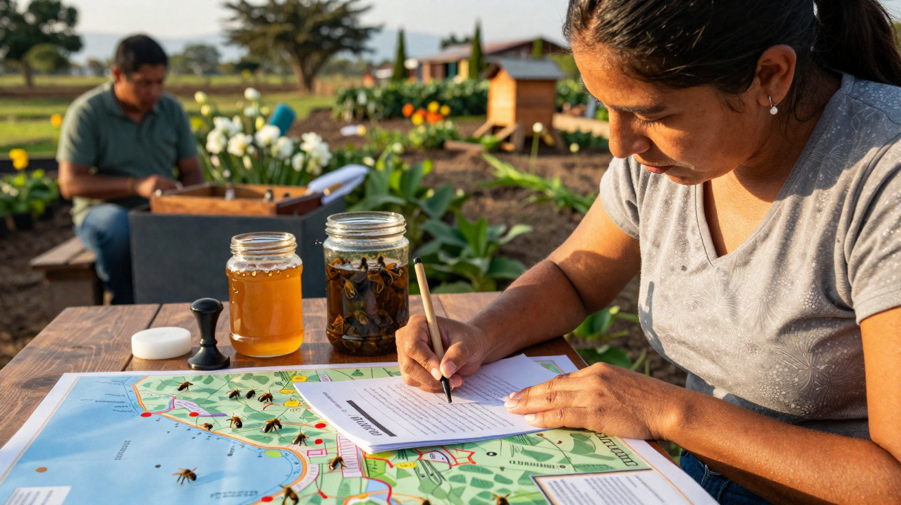 Mulher a estudar mapa e escrever, com frascos de mel e abelhas em mesa, homem ao fundo no campo.