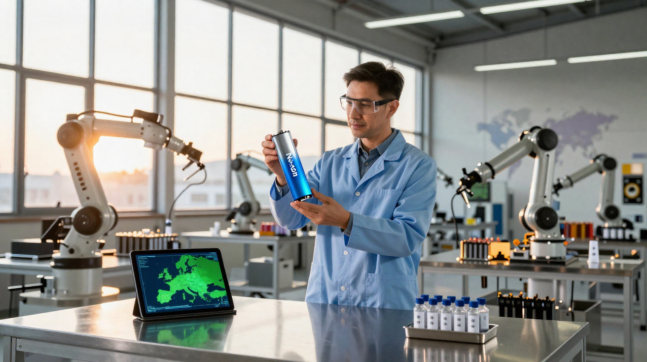 Cientista em laboratório moderno analisa bateria azul, com braços robóticos e ecrã com mapa da Europa ao fundo.
