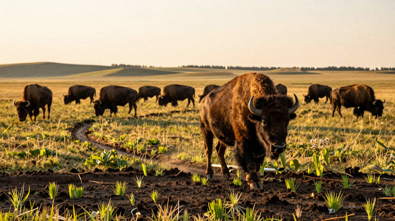 Manada de bisontes a pastar numa planície com colinas ao fundo ao pôr do sol.
