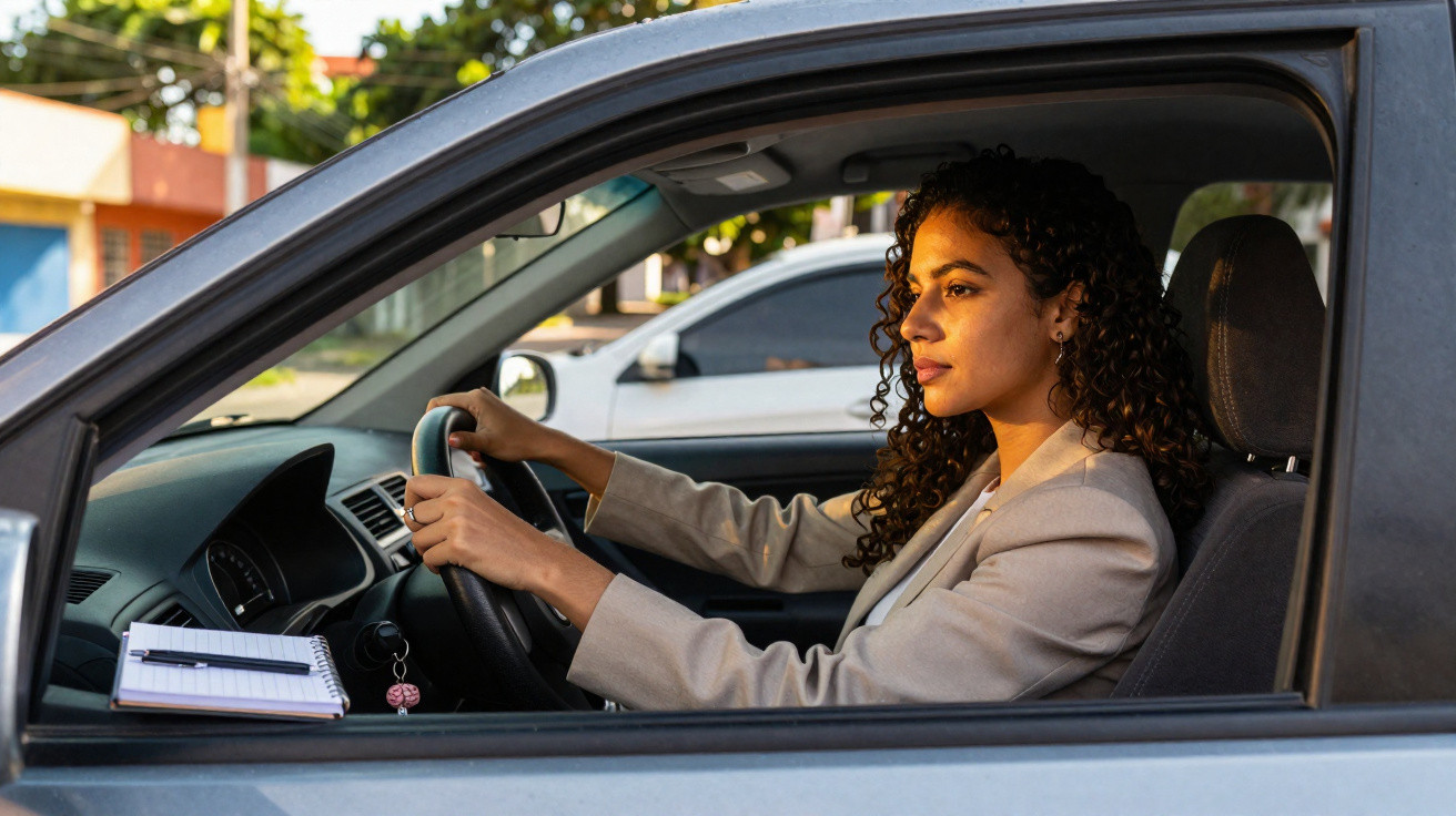 Mulher com casaco bege a conduzir um carro cinzento durante o dia, com caderno no tablier.