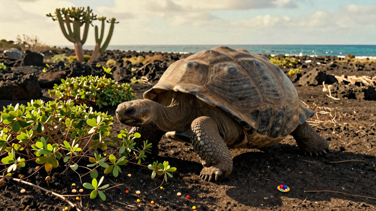 Tartaruga gigante a caminhar em solo rochoso perto do mar com vegetação rasteira e céu nublado ao fundo.
