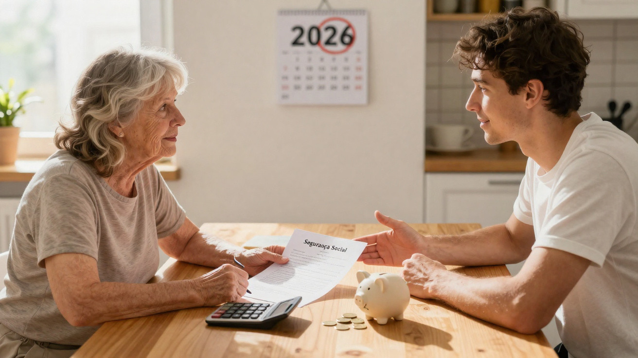Mulher idosa e jovem discutem documento de Segurança Social à mesa com cofrinho e calculadora, calendário 2026.