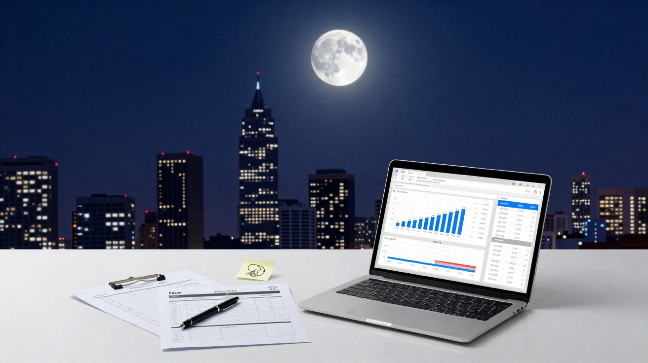 Computador portátil com gráficos, documentos e caneta numa mesa com skyline e lua cheia ao fundo durante a noite.