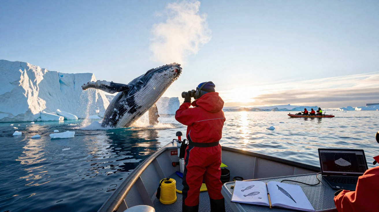 Baleia a saltar junto a icebergues vista por explorador em barco no mar gelado ao pôr do sol.