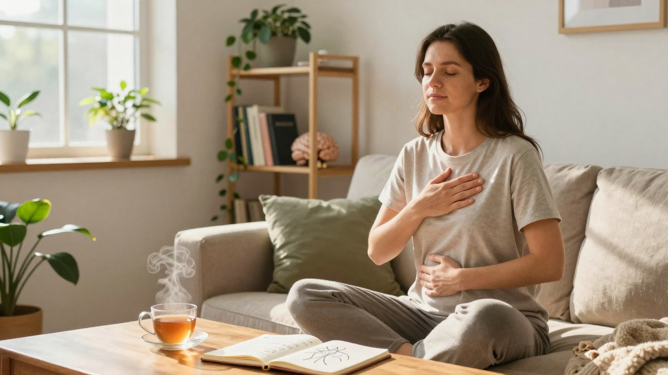 Mulher sentada de pernas cruzadas no sofá, meditando com as mãos no peito e abdômen.