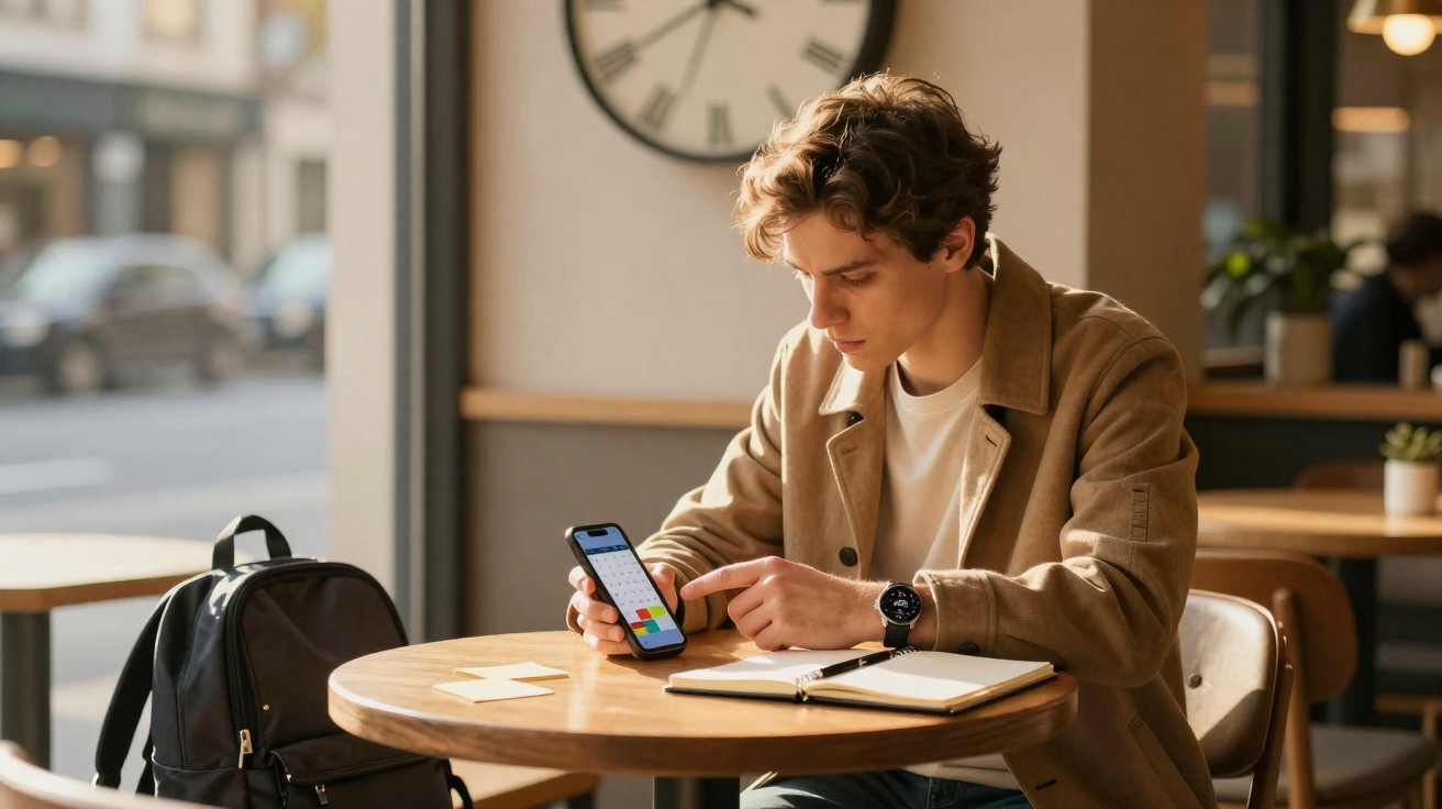 Jovem sentado numa mesa de café a usar um smartphone com calendário, caderno e mochila ao lado.