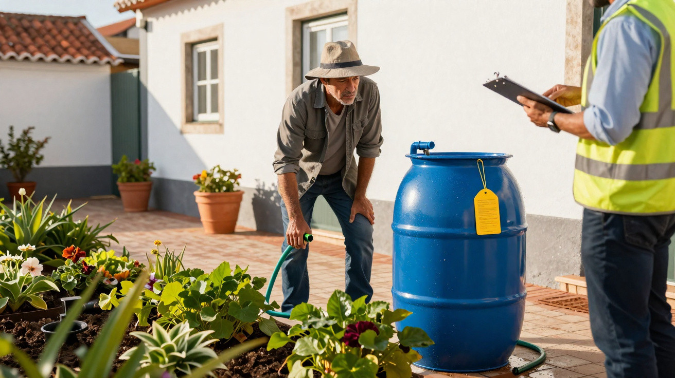 Homem rega plantas num jardim com regador ligado a um depósito azul, outro segura prancheta com colete refletor.
