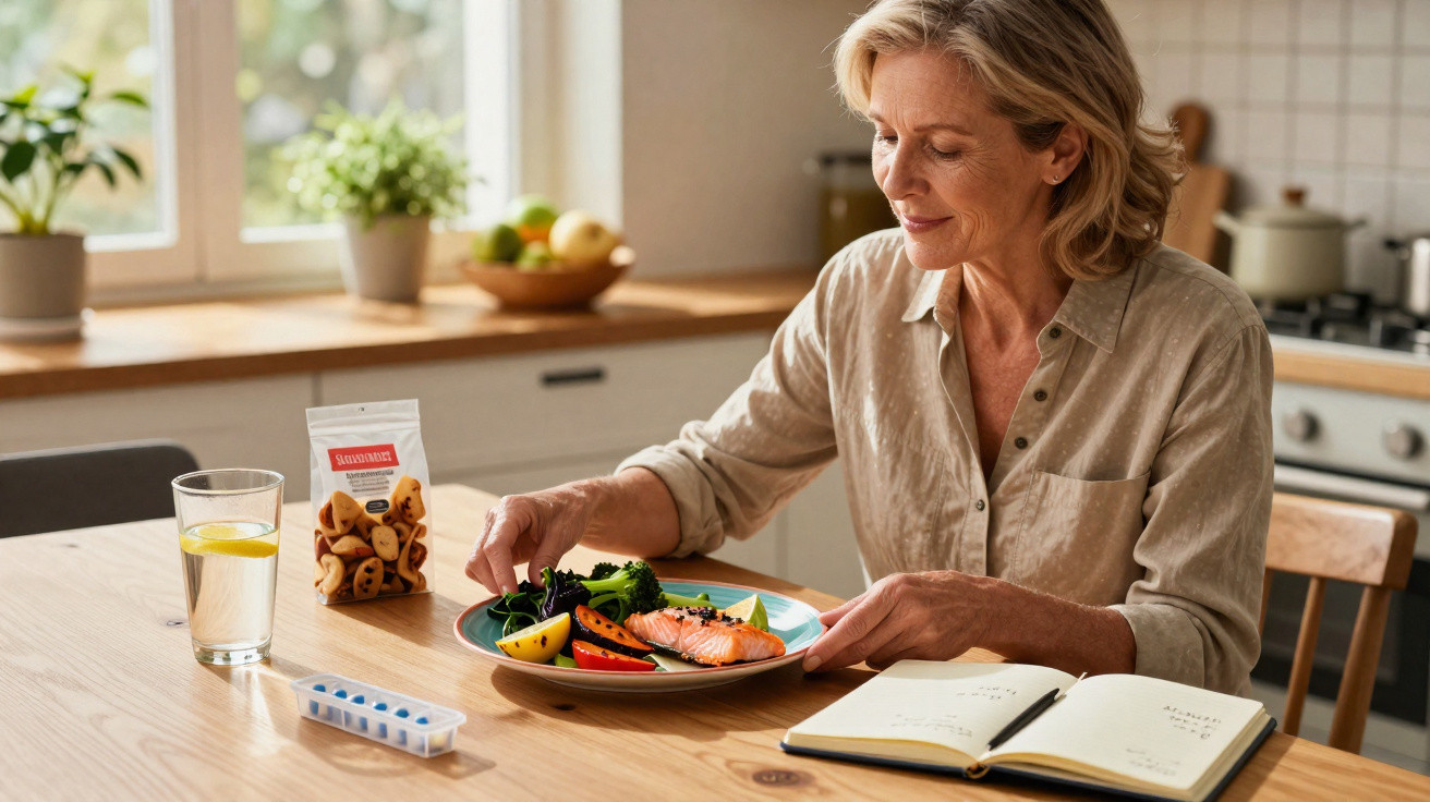 Mulher sentada à mesa a preparar-se para comer salmão com legumes, com remédios e caderno à frente.