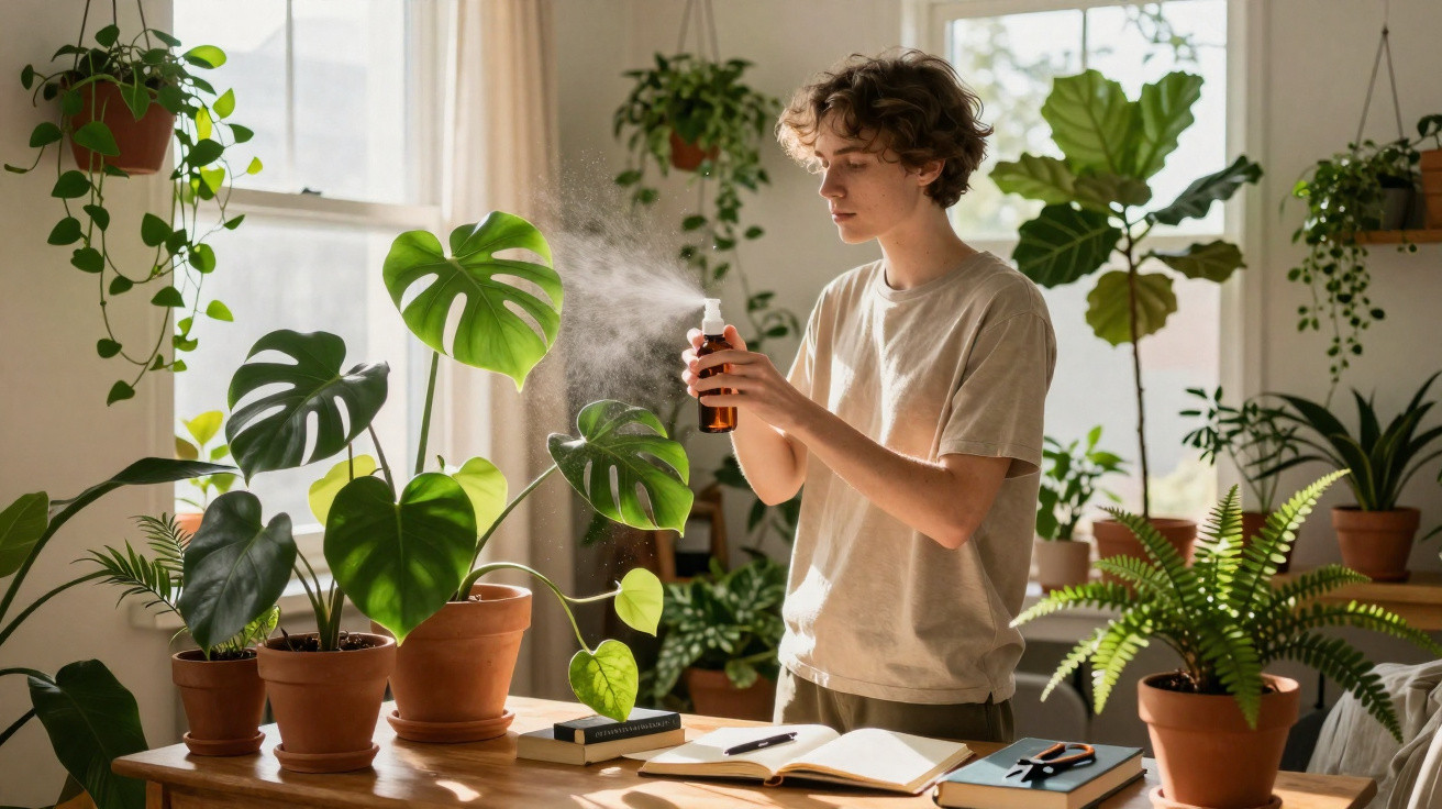 Pessoa borrifando água em plantas de interior num ambiente luminoso e cheio de vegetação.