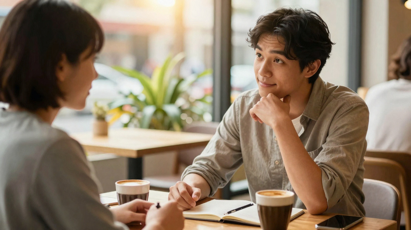 Dois jovens sentados numa mesa de café, a conversar com duas chávenas de café e um caderno.