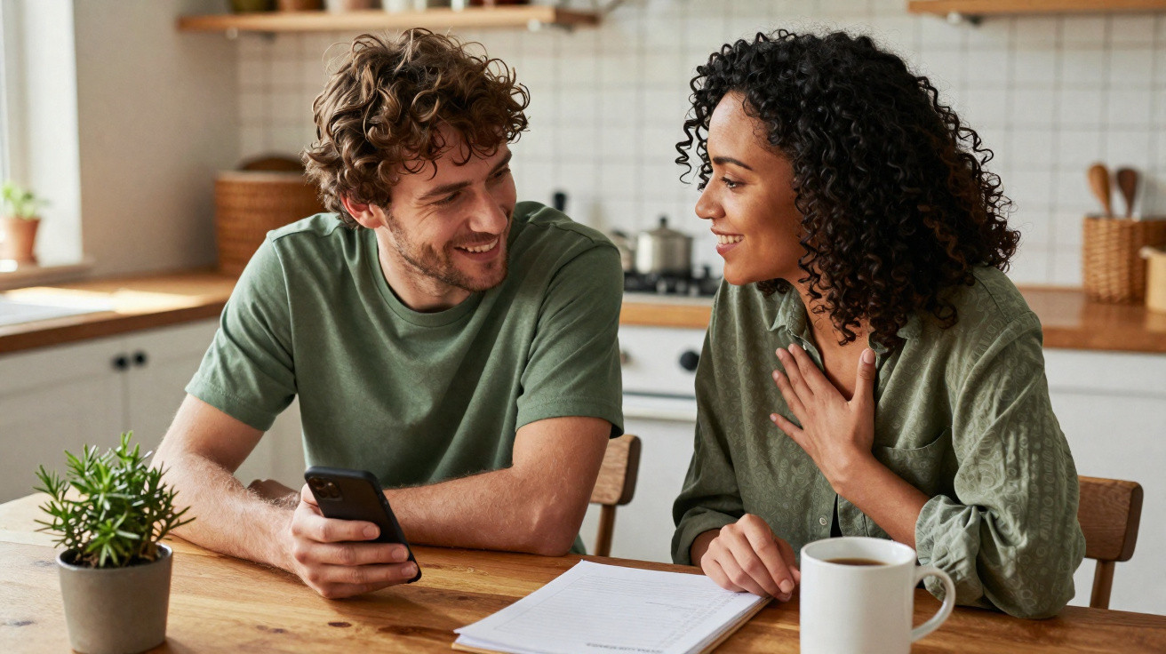 Homem e mulher conversam animados à mesa da cozinha com documentos e telemóvel, ambiente acolhedor.