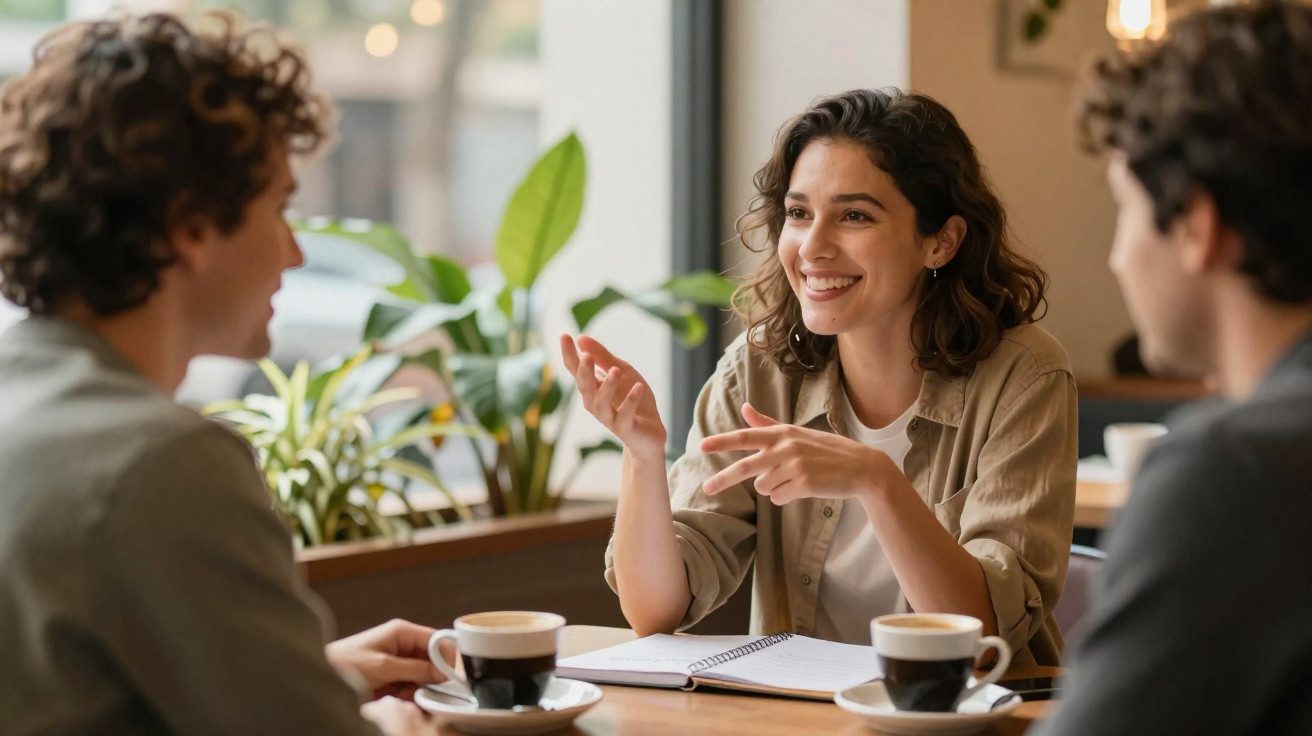 Três pessoas sentadas numa mesa de café, conversando animadamente com cadernos e chávenas à frente.