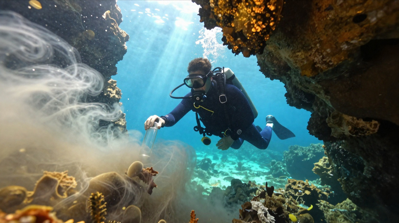 Mergulhador com equipamento recolhe amostra perto de corais num fundo oceânico iluminado pela luz solar.