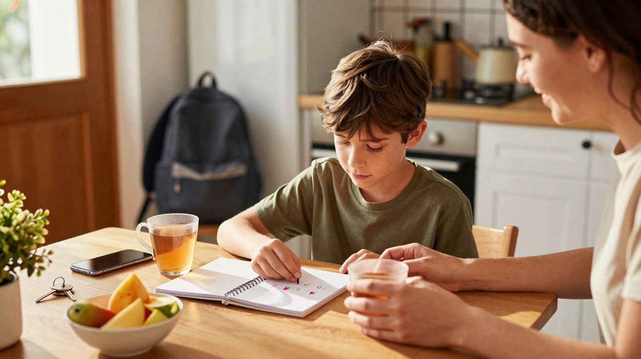 Criança a desenhar num caderno com acompanhamento de adulto numa cozinha iluminada.