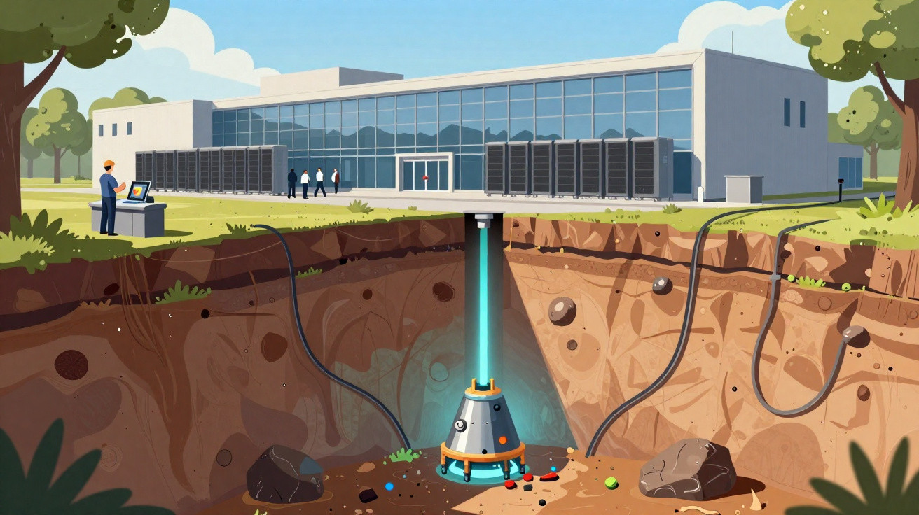 Ilustração de extracção geotérmica com equipamento subterrâneo e edifício de controlo na superfície.