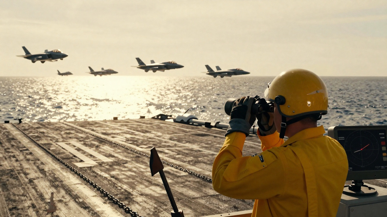Militar em uniforme amarelo observa cinco jatos de combate a voar sobre o mar ao pôr do sol.