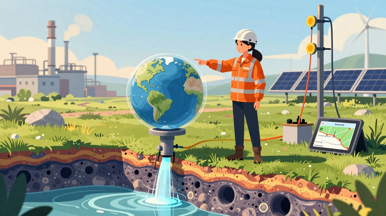 Engenheira ambiental aponta para um globo com água a jorrar, entre painéis solares e fábrica poluente ao fundo.