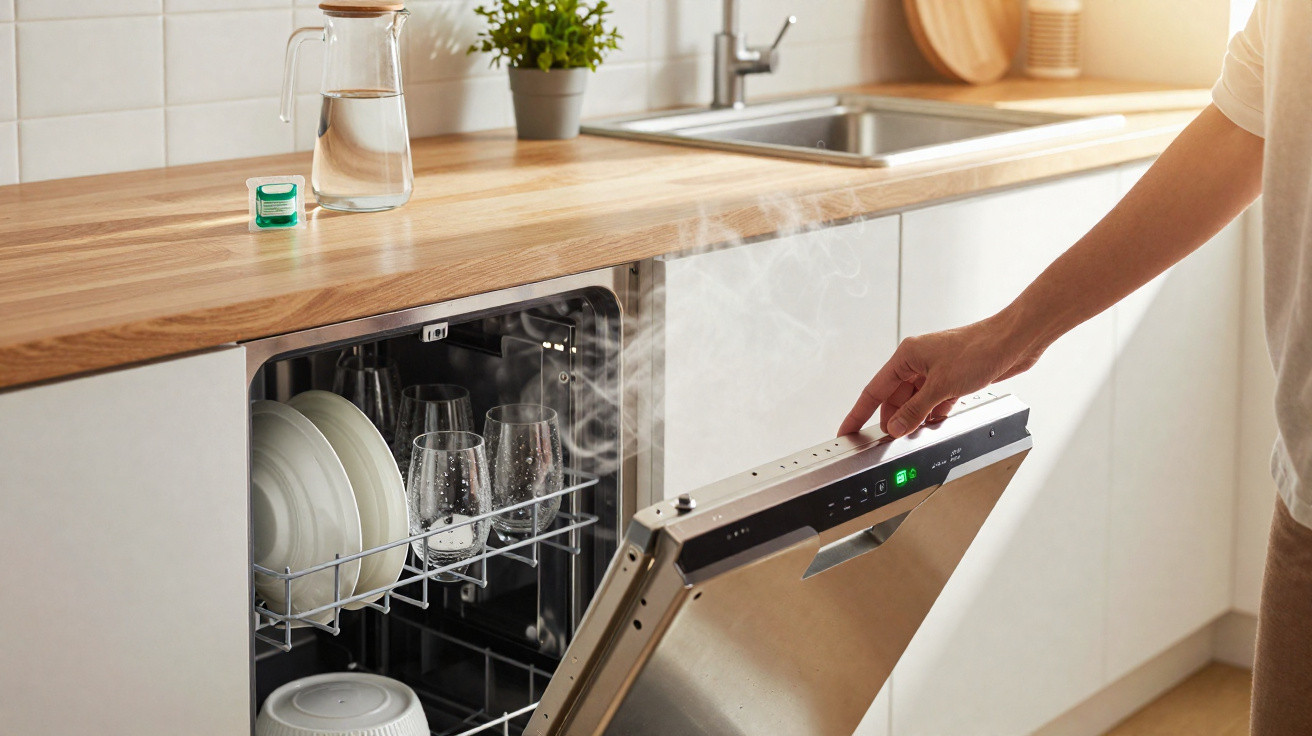 Pessoa a abrir máquina de lavar loiça com pratos e copos a saírem quentes no interior numa cozinha moderna.