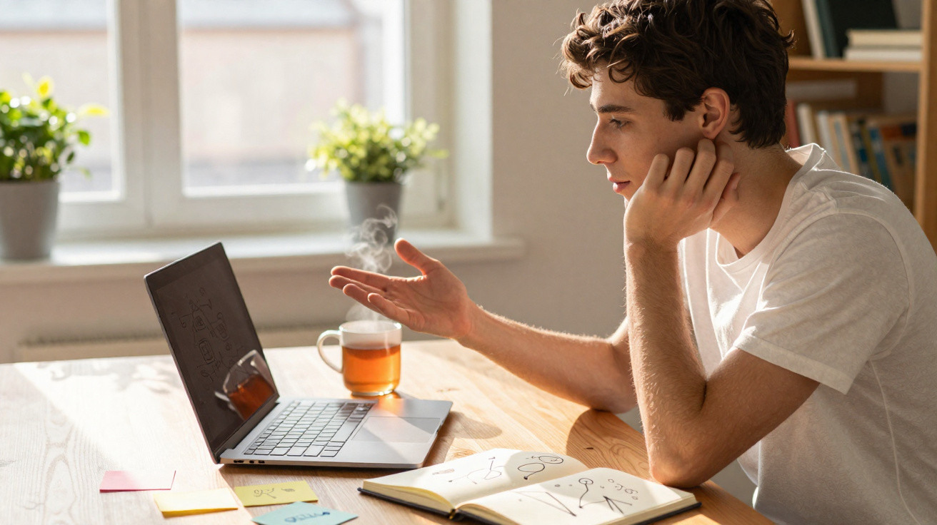 Jovem a usar laptop em mesa com chá, caderno aberto e plantas junto a janela iluminada.
