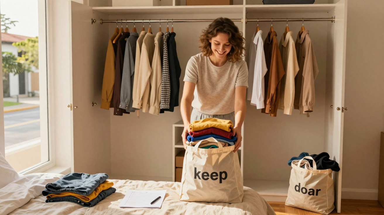 Mulher a organizar roupas em sacos de doação e conservação num quarto com armário aberto.