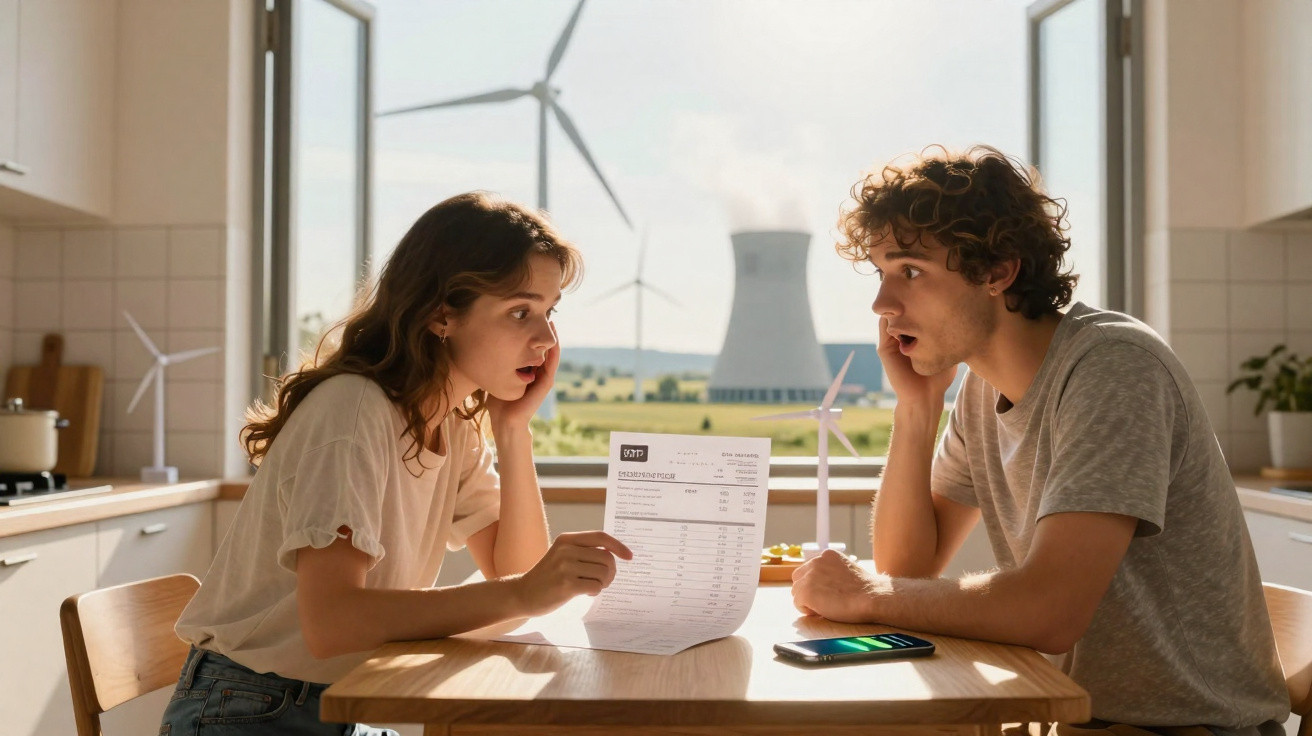 Casal preocupado a analisar uma fatura de eletricidade numa cozinha com moinho e central nuclear ao fundo.