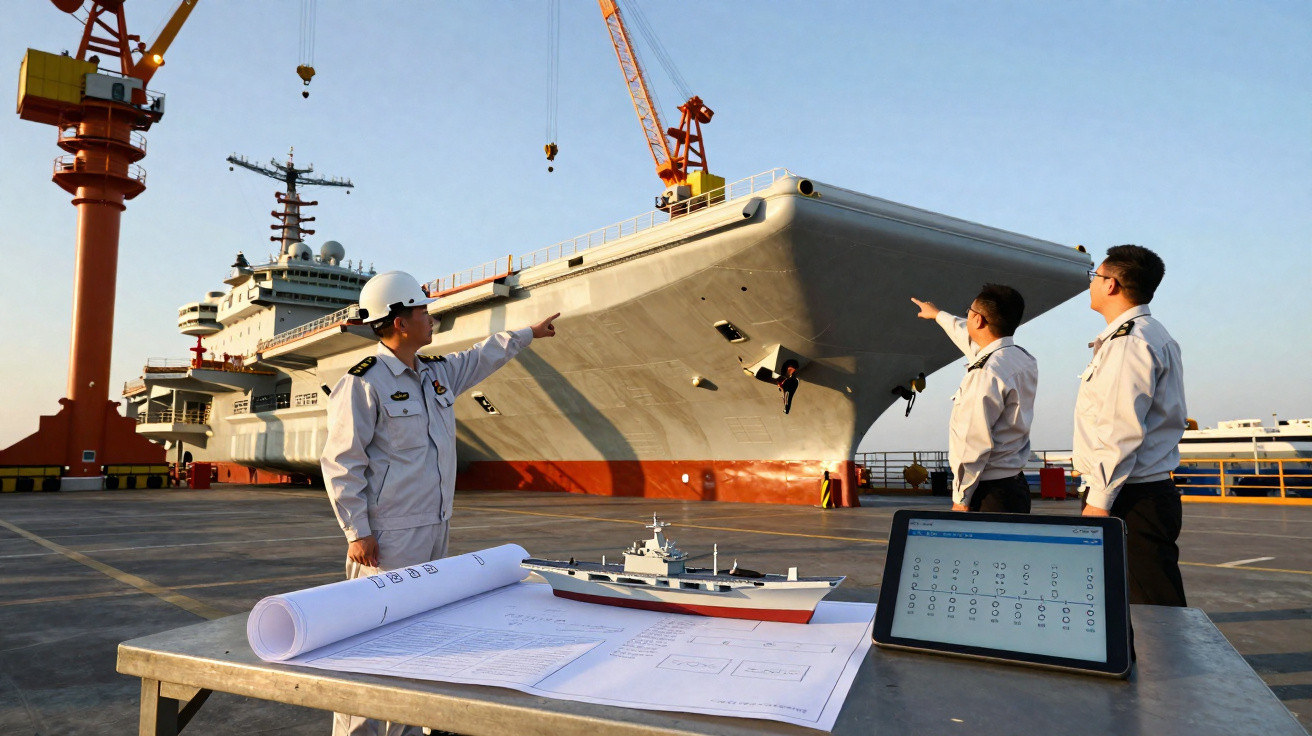 Três homens em uniforme naval apontam para um porta-aviões no estaleiro com maquete e plantas numa mesa.