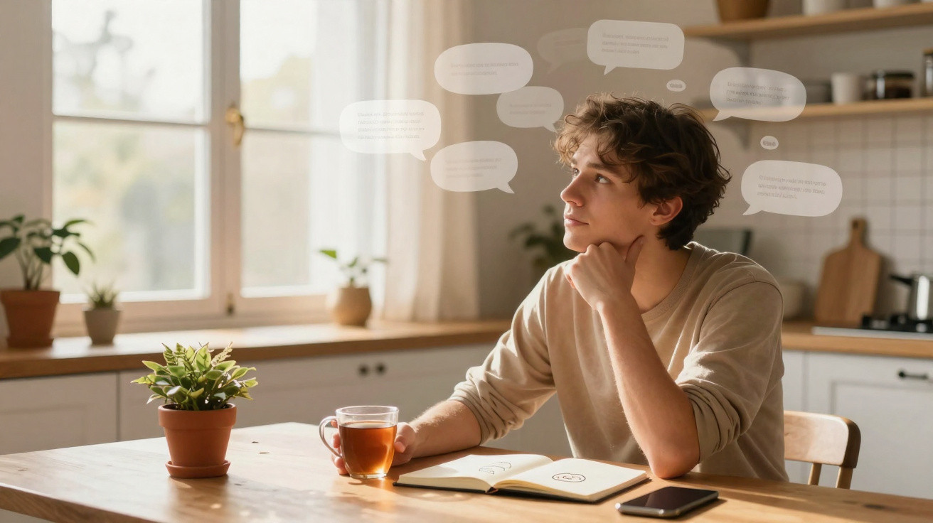 Jovem sentado à mesa a pensar, com chá, caderno aberto e balões de texto virtuais à sua volta na cozinha iluminada.