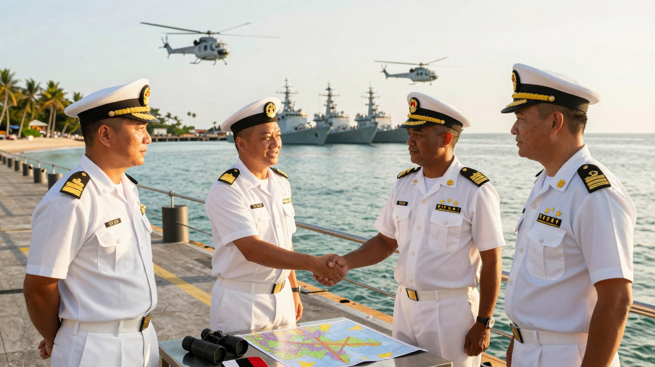Quatro oficiais navais em uniformes brancos num cais com mapa, navios e helicópteros ao fundo.