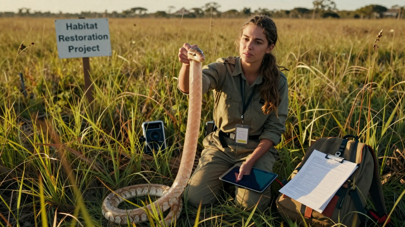 Mulher segura uma cobra num campo aberto com placa a indicar Projeto de Restauro de Habitat.