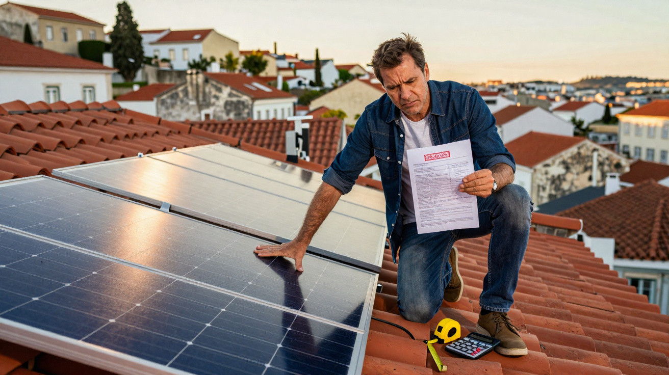 Homem inspeciona painéis solares no telhado segurando documento e calculadora ao pôr do sol.