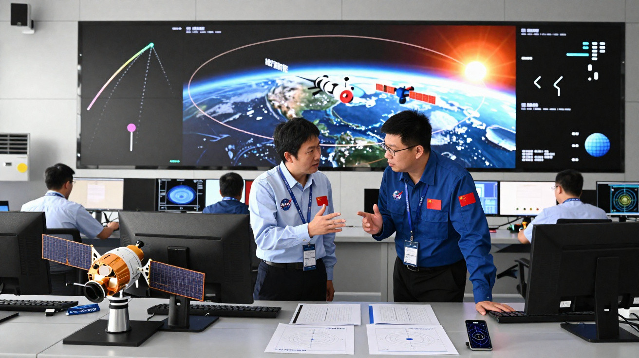 Sala de controlo espacial com cientistas a discutir dados sobre exploração orbital exibidos em ecrã gigante.