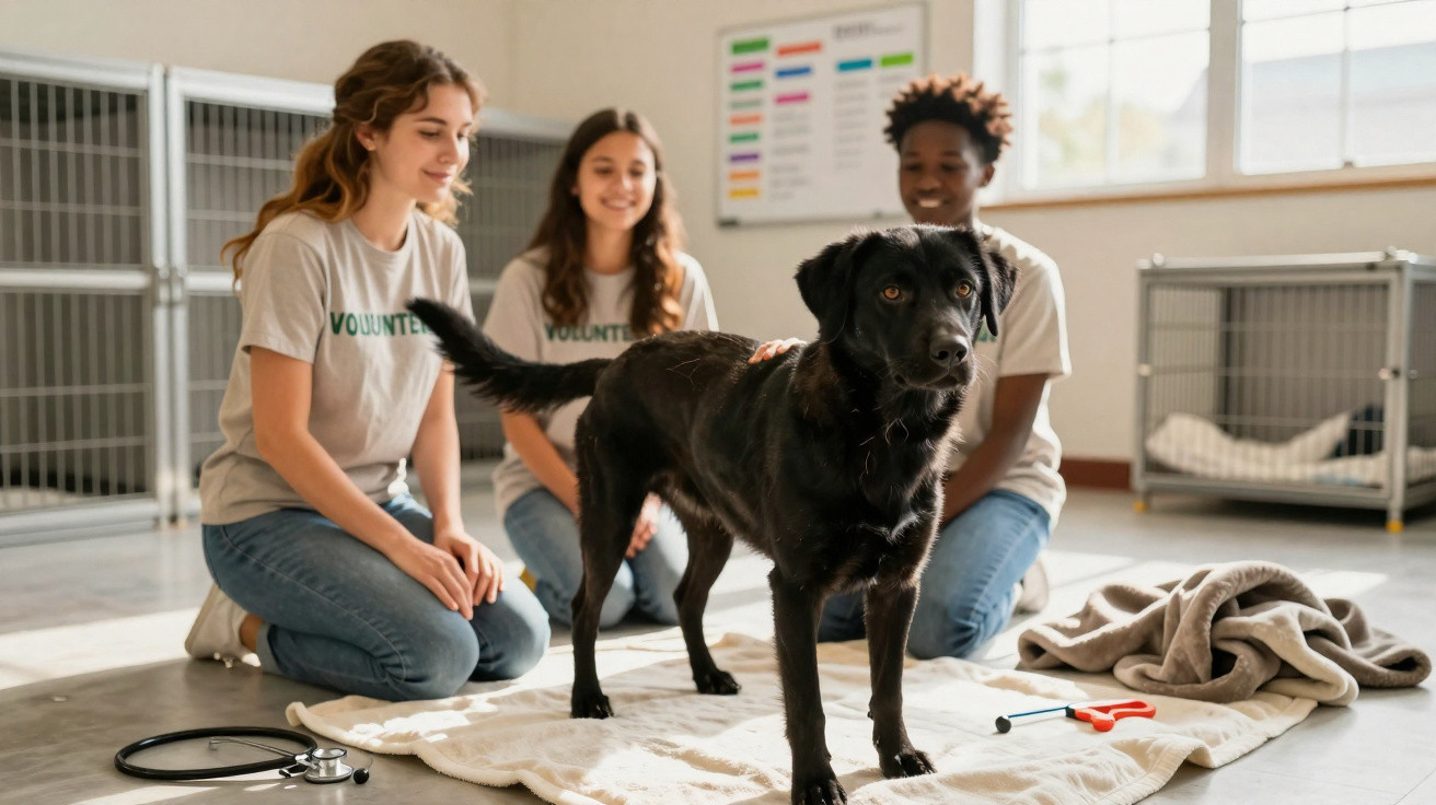 Voluntárias interagem com cachorro preto numa associação de animais, ambiente claro com jaulas ao fundo.