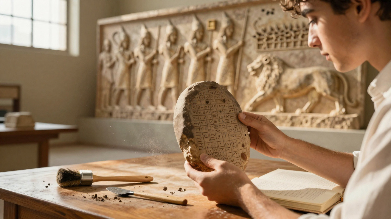 Investigador examina tabuleta com inscrições antigas numa sala de arqueologia iluminada.