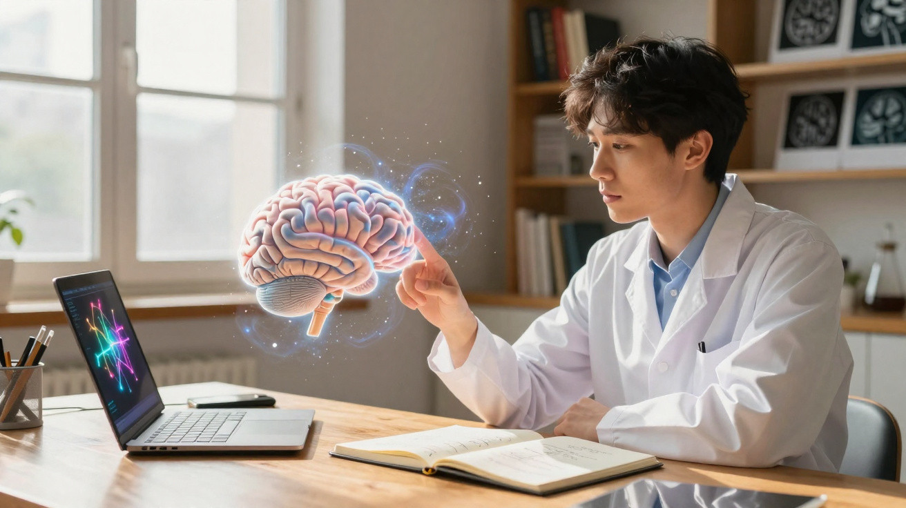 Cientista em bata branca interage com holograma de cérebro enquanto trabalha em escritório com computador portátil.