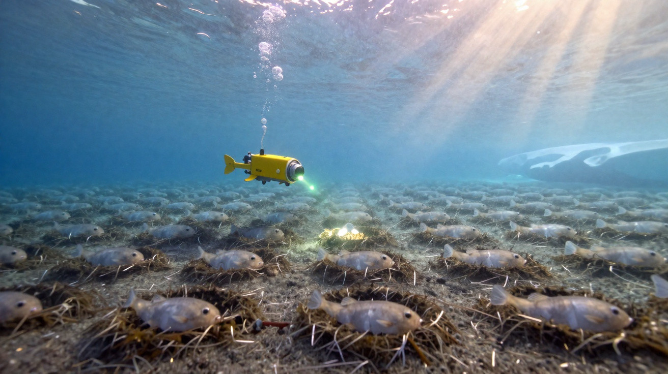 Robo submarino amarelho a investigar caranguejos no fundo do mar sob luz solar filtrada.