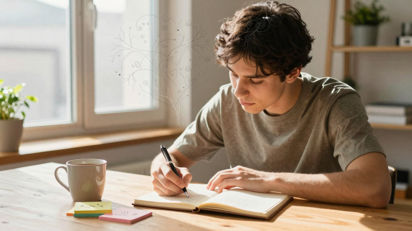 Jovem sentado à mesa a escrever num caderno, com caneca e notas adesivas próximas, junto a uma janela.