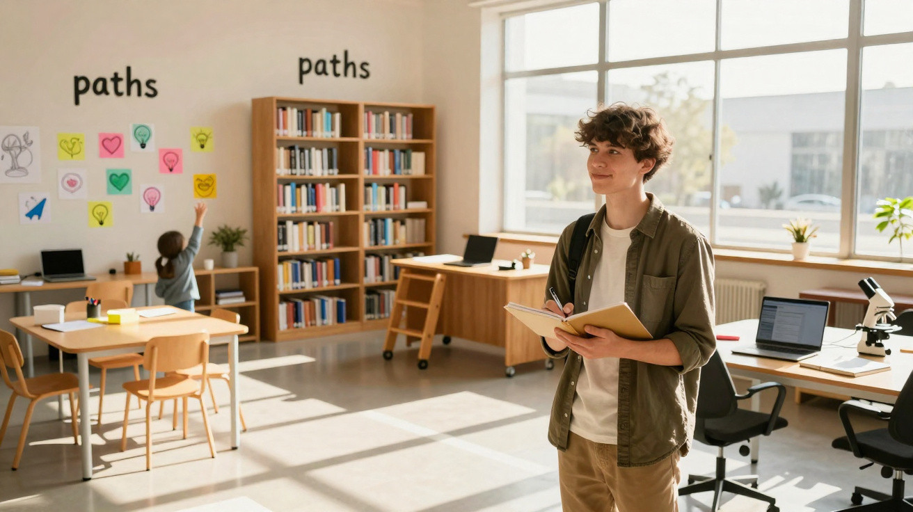 Jovem numa sala de estudo luminosa com livros, mesas, cadeiras e uma criança a interagir com post-its coloridos.