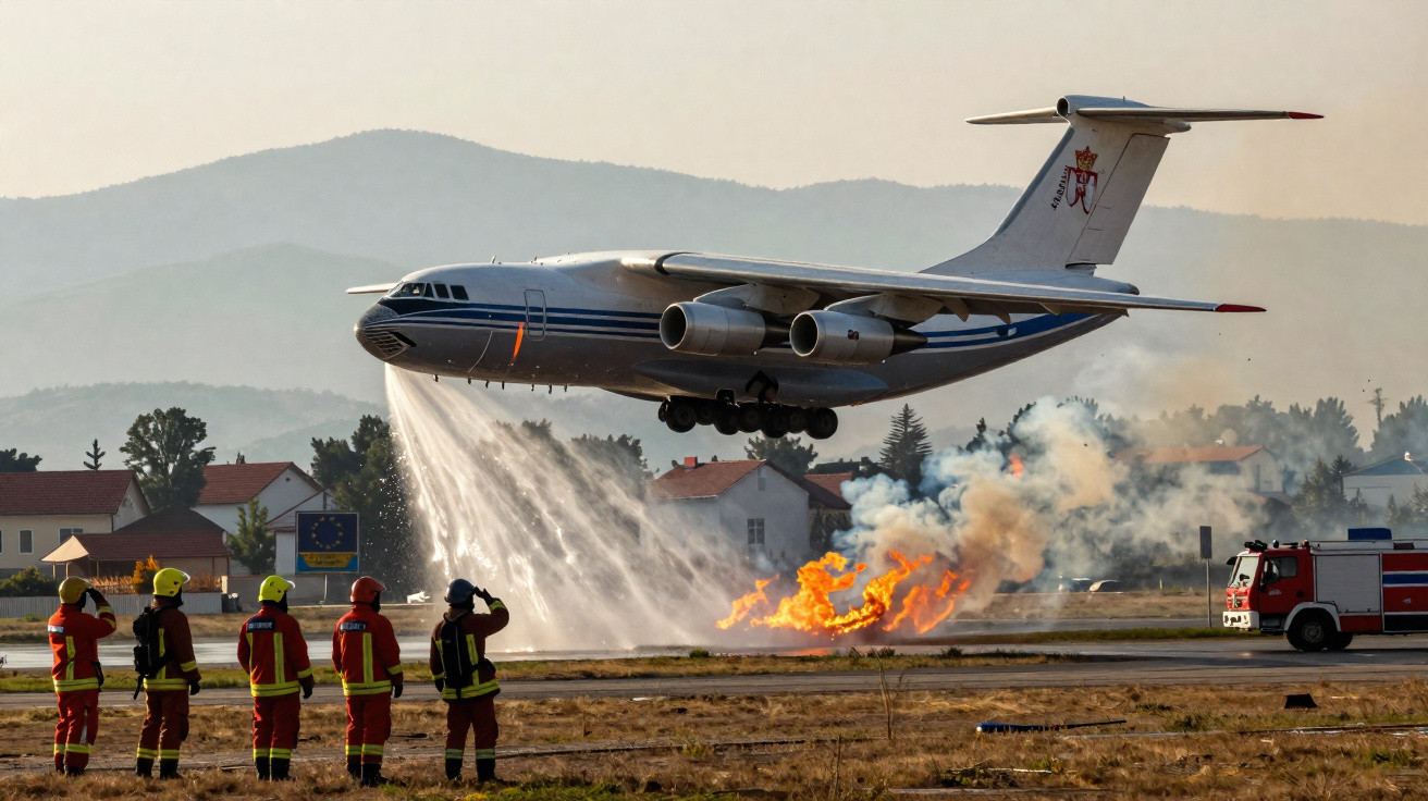 Avião bombeiro lança água para apagar fogo no chão, com bombeiros e camião de incêndio a observar.