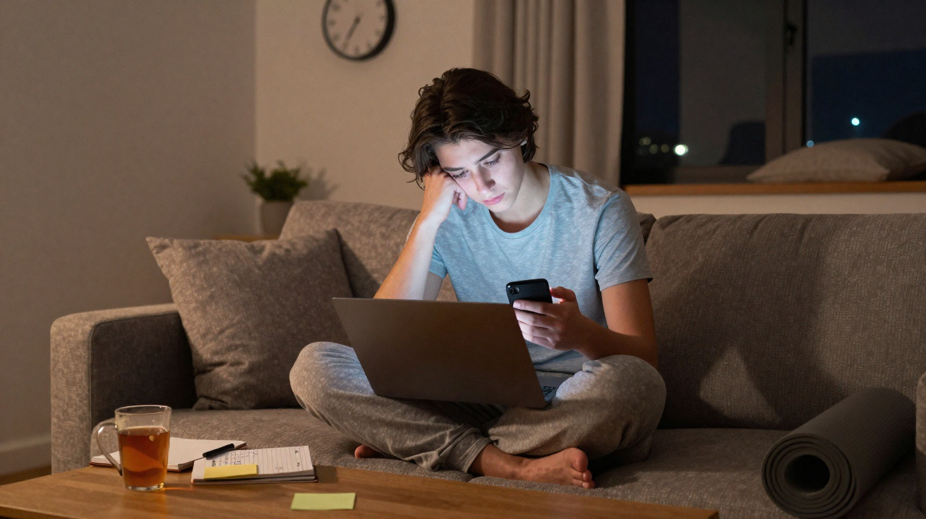 Jovem sentado no sofá à noite, com portátil no colo e a olhar para o telemóvel, rodeado de objetos de estudo e uma chávena de