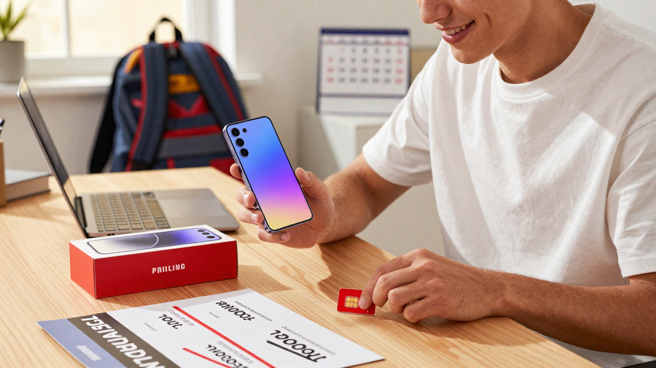 Pessoa a inserir um cartão SIM num smartphone azul junto de uma caixa de telemóvel e documentos numa secretária.
